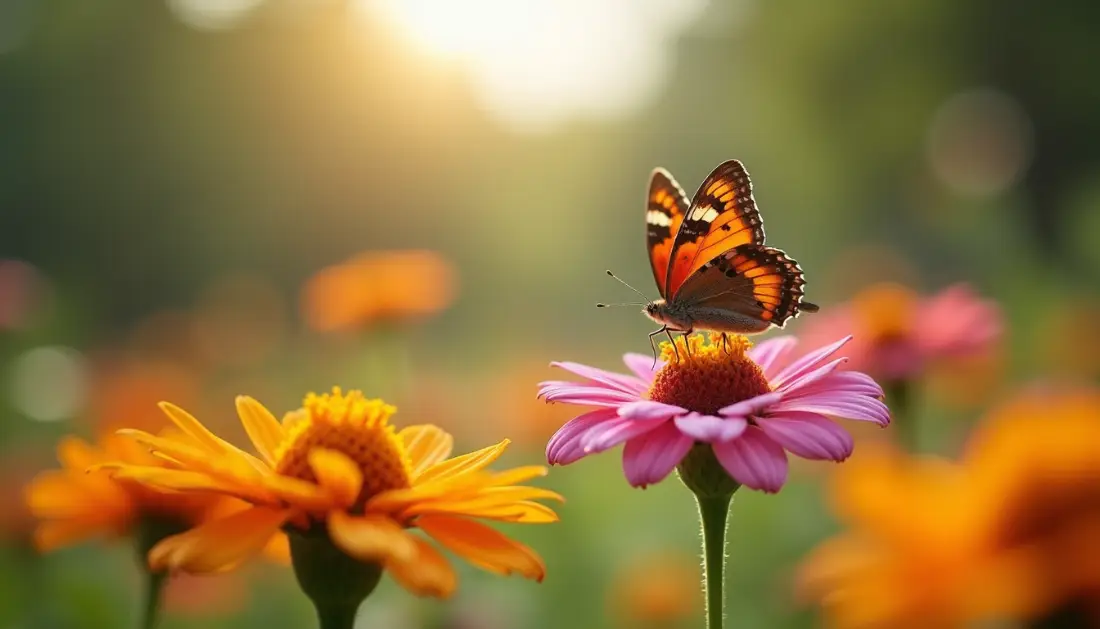 Eye-level view of a butterfly garden with colorful flowers