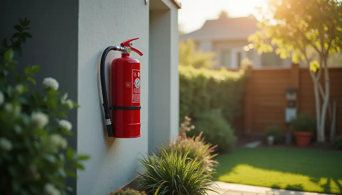 Wide angle view of a fire extinguisher mounted on a wall in a backyard