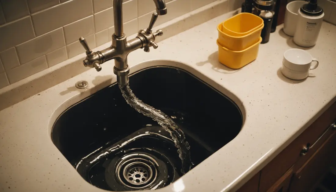 High angle view of a leaking pipe under the sink