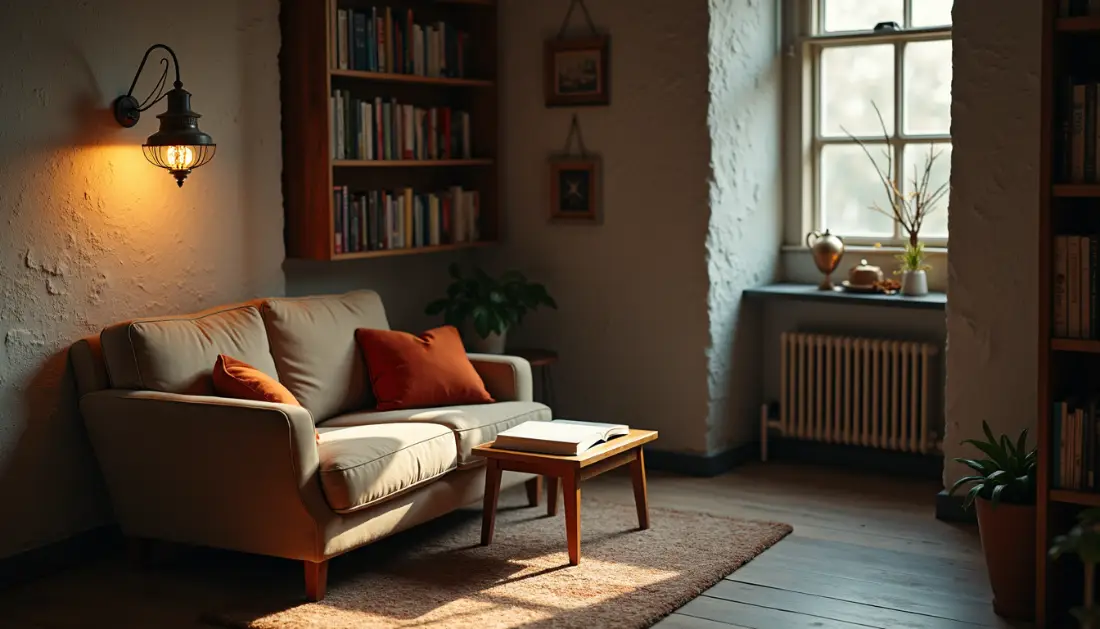Close-up view of a beautifully arranged reading nook in a basement