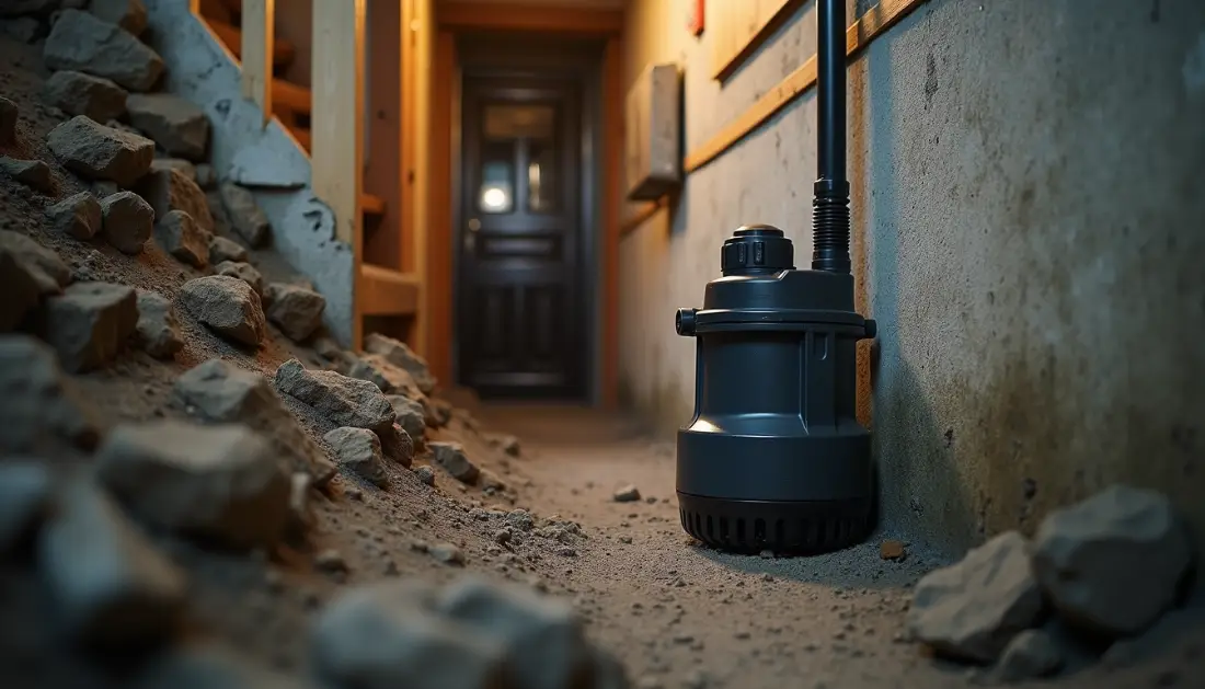 Close-up view of a residential basement with a sump pump installed