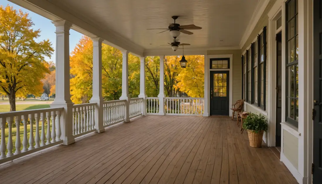 Eye-level view of a beautifully restored porch