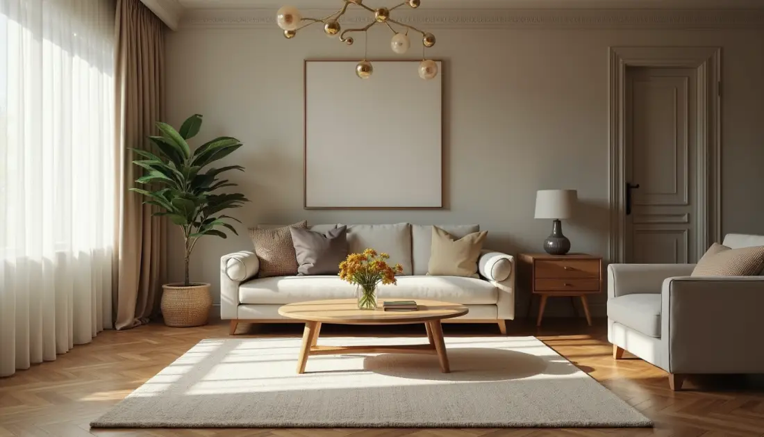 Wide angle view of a restored living room after water damage