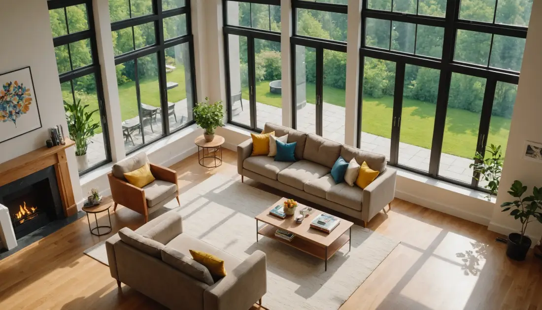 High angle view of a bright living room with large windows for natural lighting