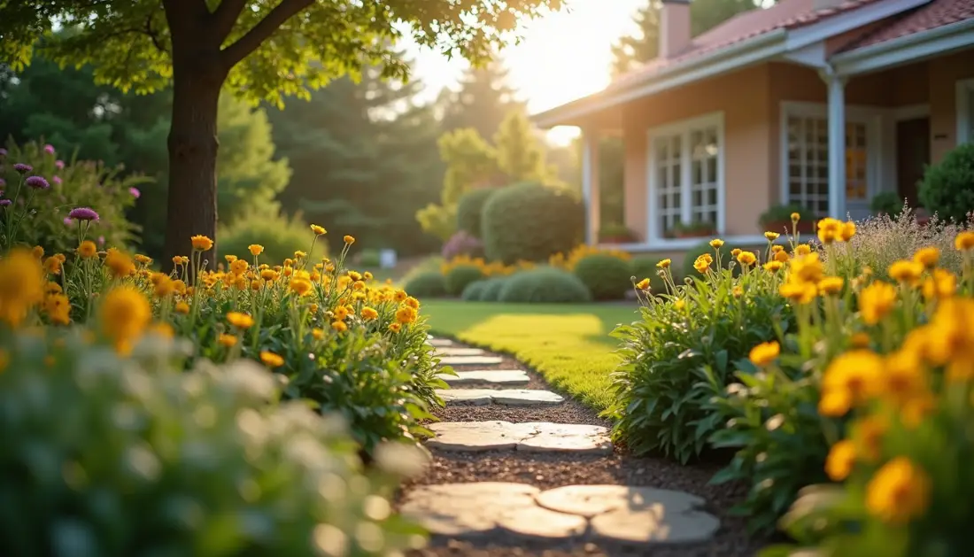 Eye-level view of vibrant landscaping in a home garden