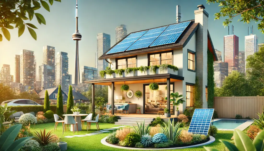 Eco-friendly home with solar panels on the roof, energy-efficient windows, and a lush garden featuring native plants. The Toronto skyline, including the CN Tower, is visible in the background, symbolizing sustainable living and environmental harmony in an urban setting.